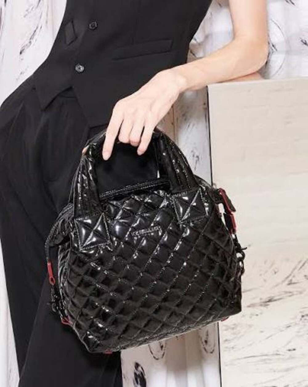 MZ Wallace Small Sutton Deluxe Black Lacquer Patent Nylon Tote Crossbody Bag